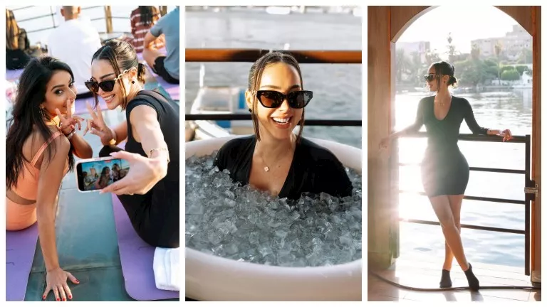 “تستعرض رشاقتها”.. جلسة تصوير لـ بسمة بوسيل بملابس رياضية بجوار النيل