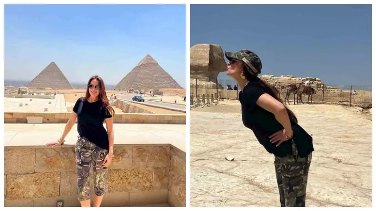 تعطي قُبلة لـ أبو الهول.. نرمين الفقي تنشر صورا أمام الأهرامات