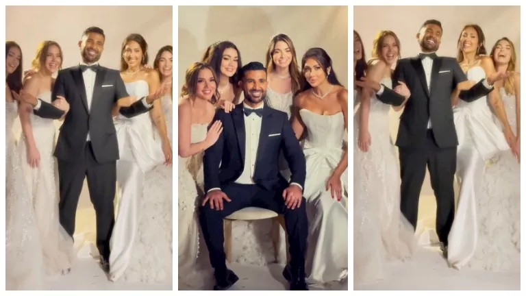 4 فنانات بفستان زفاف.. أحمد سعد ينشر “فوتوسيشن” بـ “بدلة” زفاف وسط 4 ع